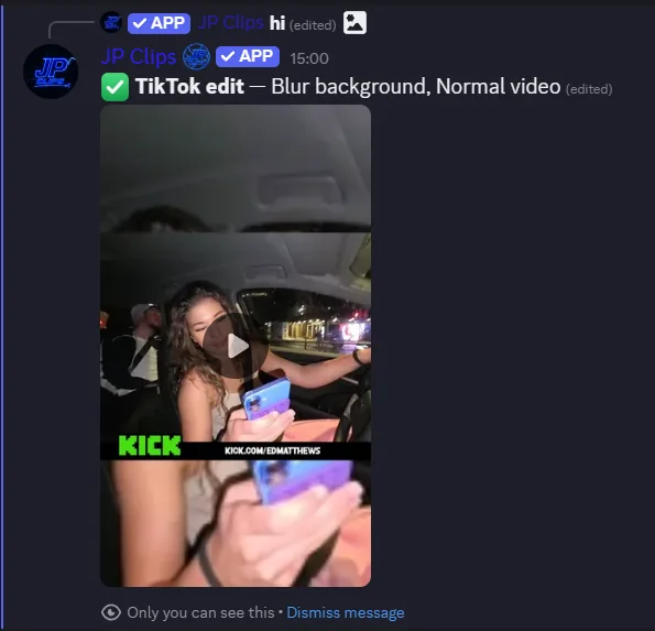 Private Discord TikTok edit message containing the finished vertical clip