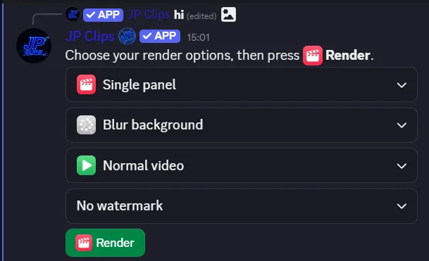 Private Discord render options after Edit for TikTok with layout, background, orientation, watermark and Render button