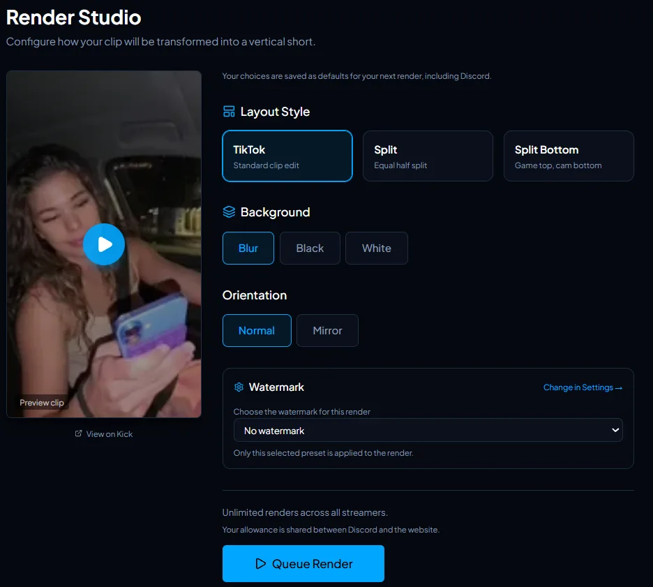 JP Clips Render Studio with TikTok, Split and Split Bottom layouts, background, orientation and Queue Render